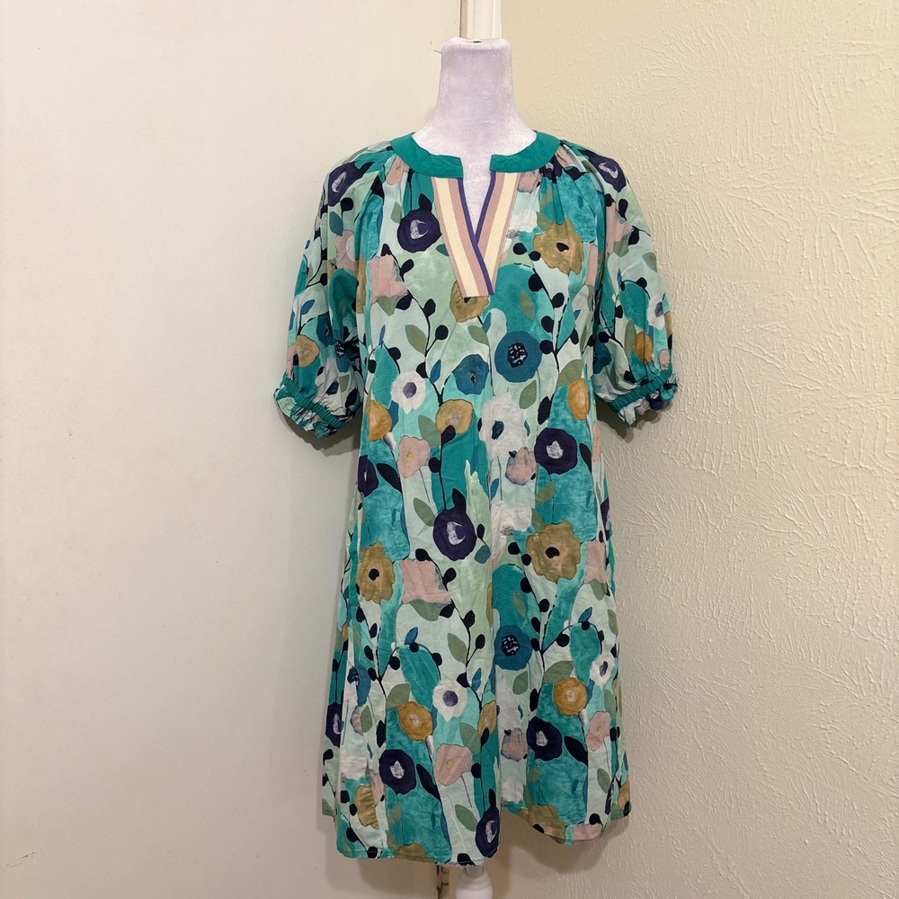Teal Blue Floral Cotton Shift House Dress Puff Sleeve Split Neck Abstract Artsy
